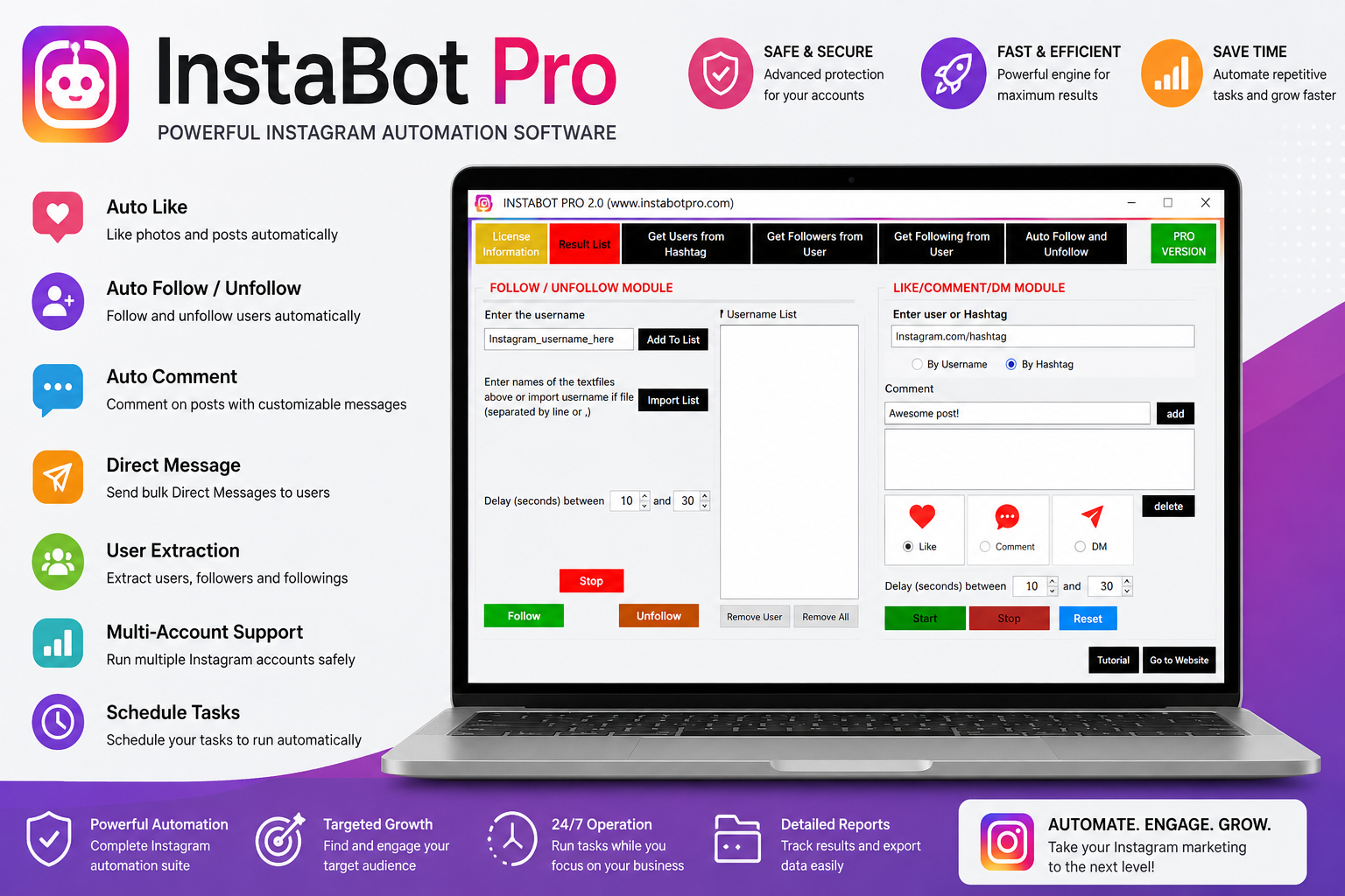 InstaBot Pro Instagram automation software interface showing features like Auto Like, Auto Follow, and scheduling tasks.