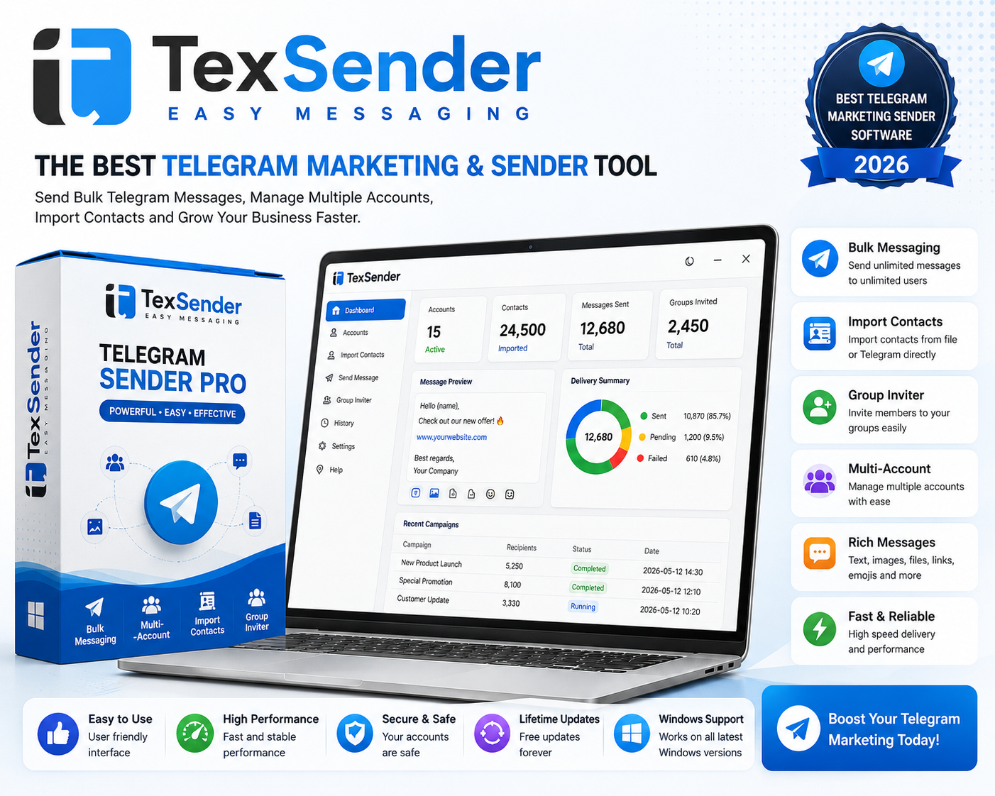 Telegram Sender Pro - Professional Telegram bulk messaging software for efficient customer engagement and marketing.