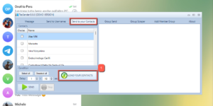 Telegram Sender Pro interface showcasing bulk messaging features and contact selection.